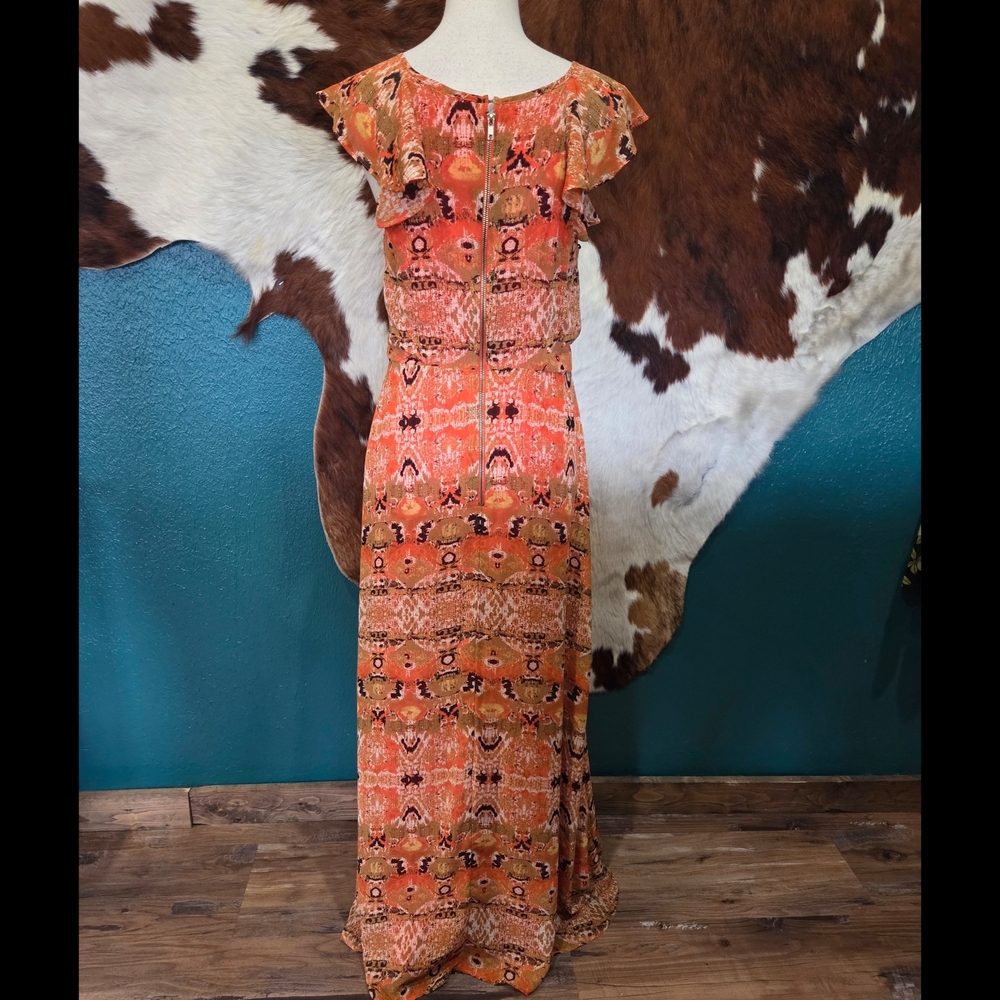 Gibson Latimer Orange Printed Flutter Maxi Dress - Picture 5 of 9